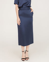 V-Neck Silk Blouse and Silk Midi Skirt Set Navy