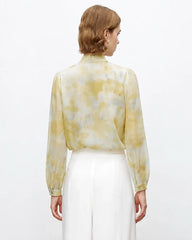 Silk Watercolor Print Tie Neck Blouse