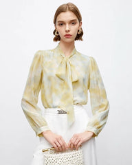Silk Watercolor Print Tie Neck Blouse