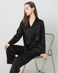 Silk Women Full Length Pajamas Set Black