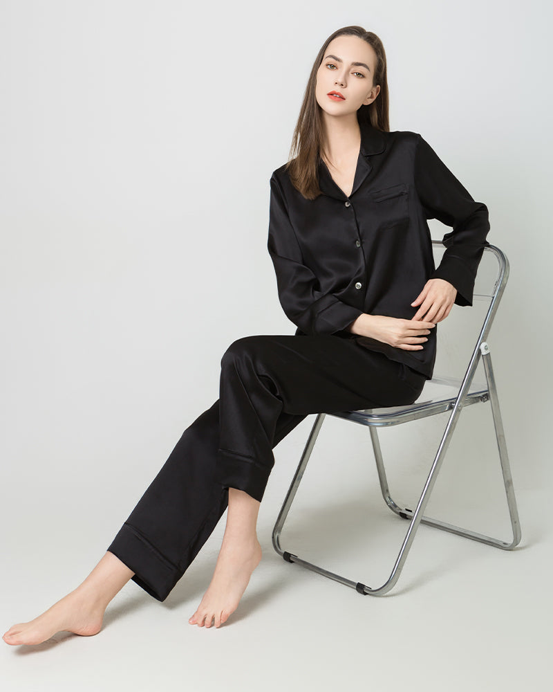 Silk Women Full Length Pajamas Set Black