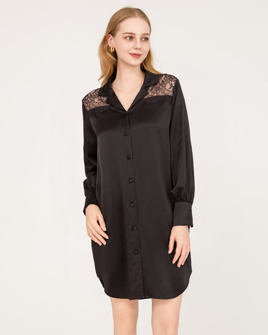 22 Momme Silk Lace Nightshirt Black