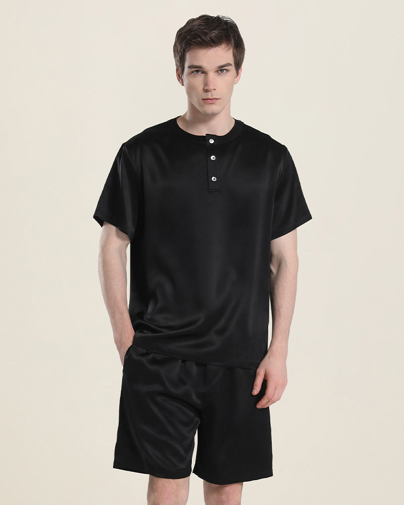 Simple Crew Neck Short Pajamas Set for Men Black