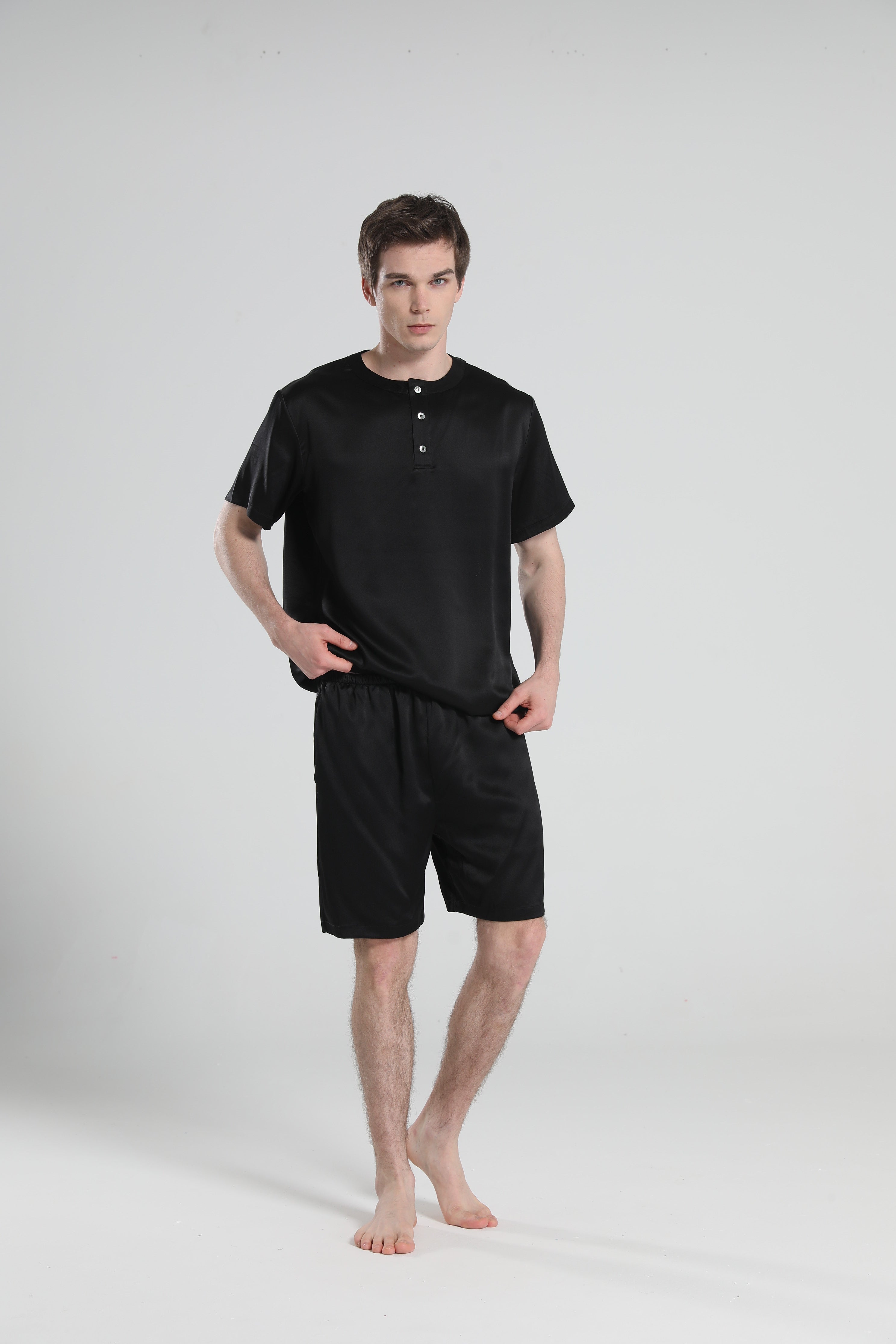 Simple Crew Neck Short Pajamas Set for Men Black