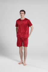 Simple Crew Neck Short Pajamas Set for Men Burgundy