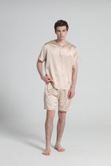 Simple Crew Neck Short Pajamas Set for Men Champagne