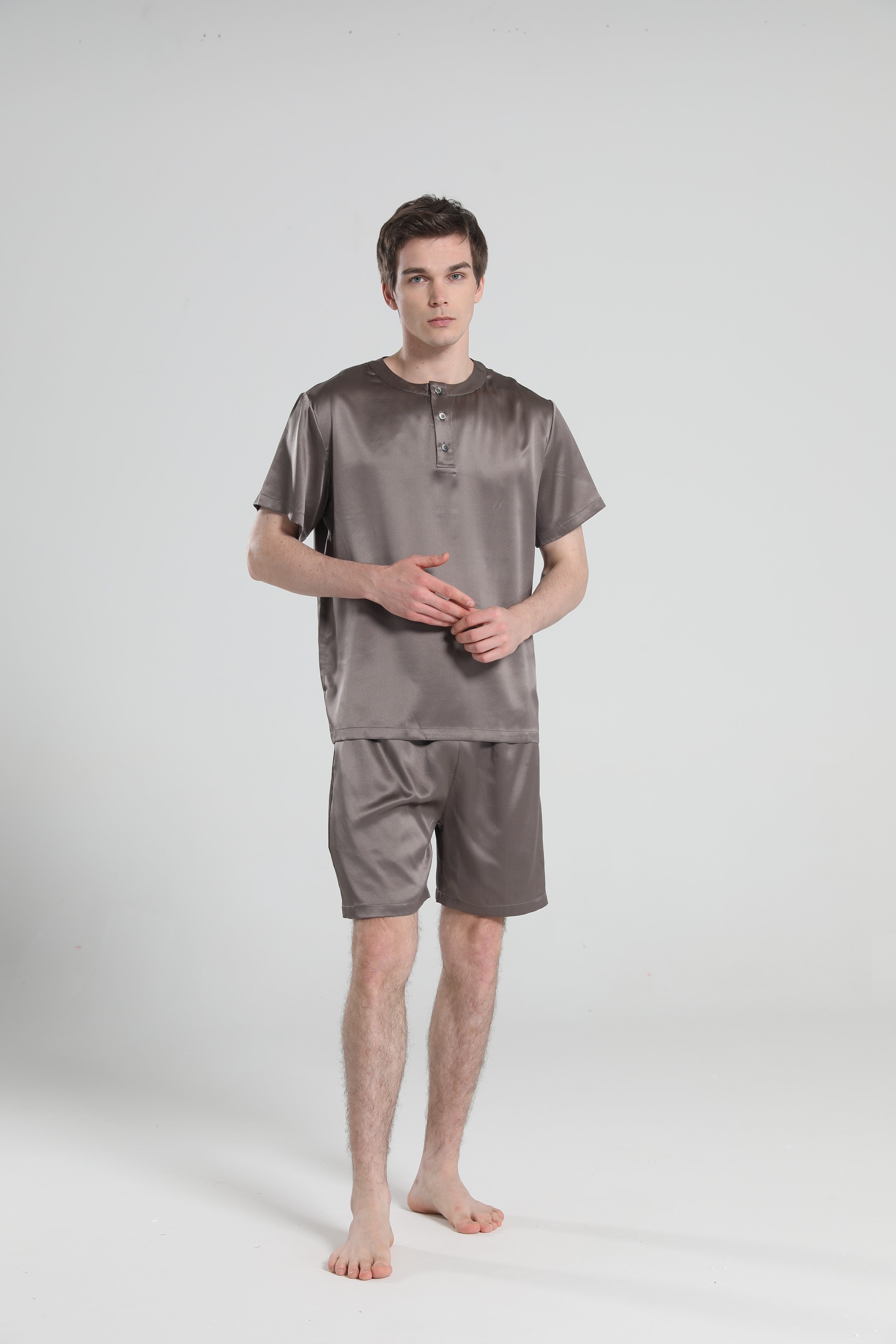 Simple Crew Neck Short Pajamas Set for Men Dark Grey