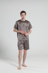 Simple Crew Neck Short Pajamas Set for Men Dark Grey
