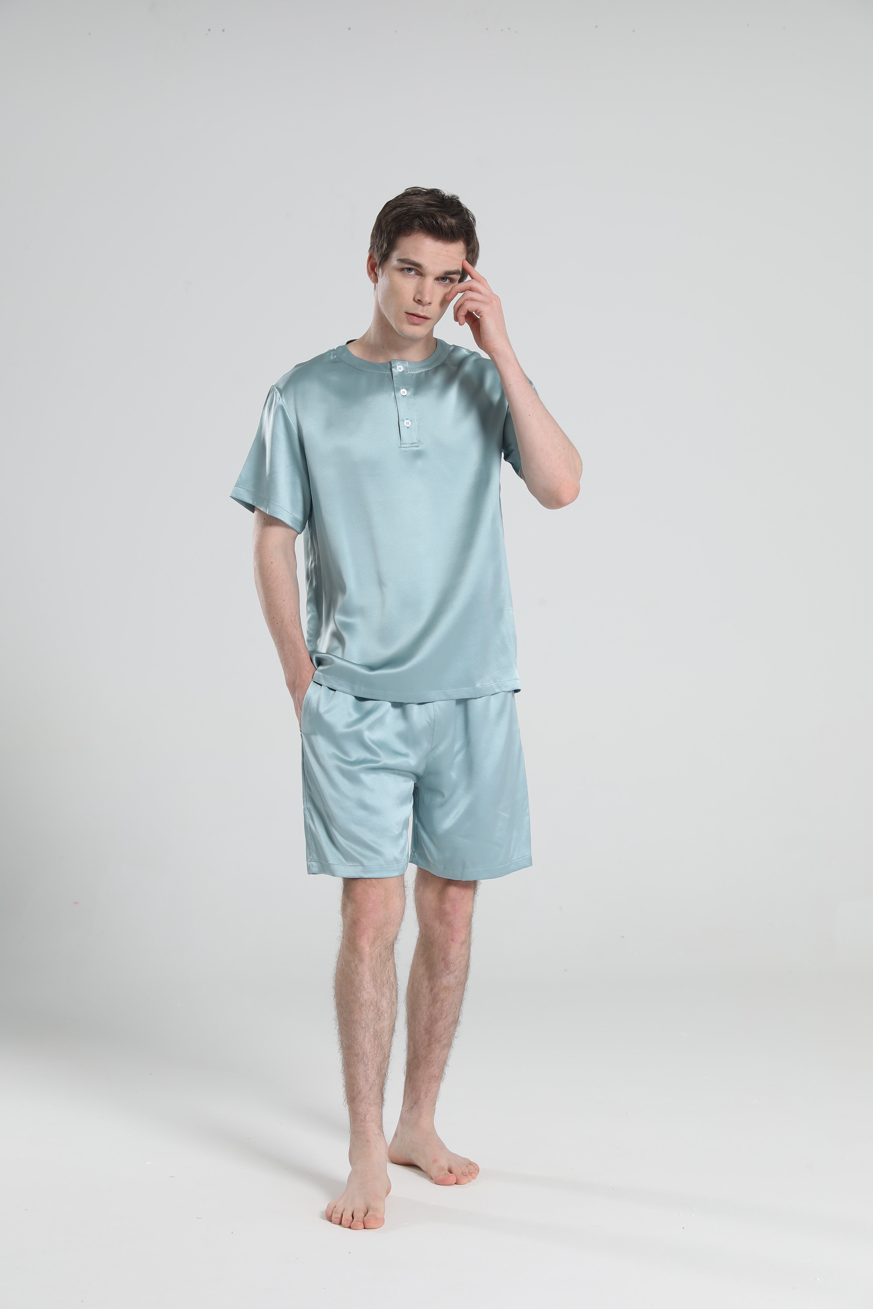 Simple Crew Neck Short Pajamas Set for Men Haze Blue