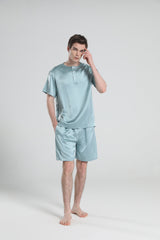Simple Crew Neck Short Pajamas Set for Men Haze Blue