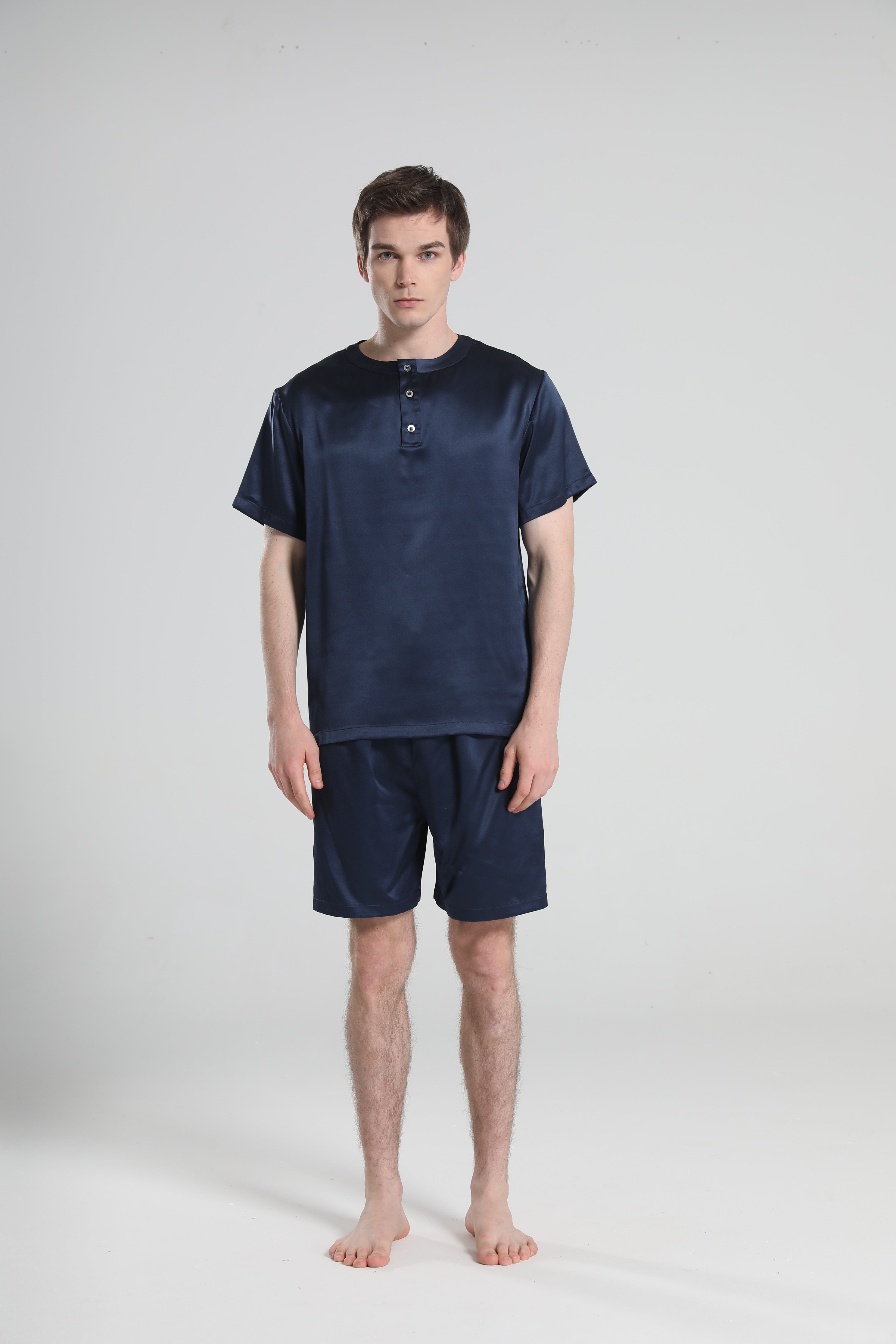 Simple Crew Neck Short Pajamas Set for Men Navy