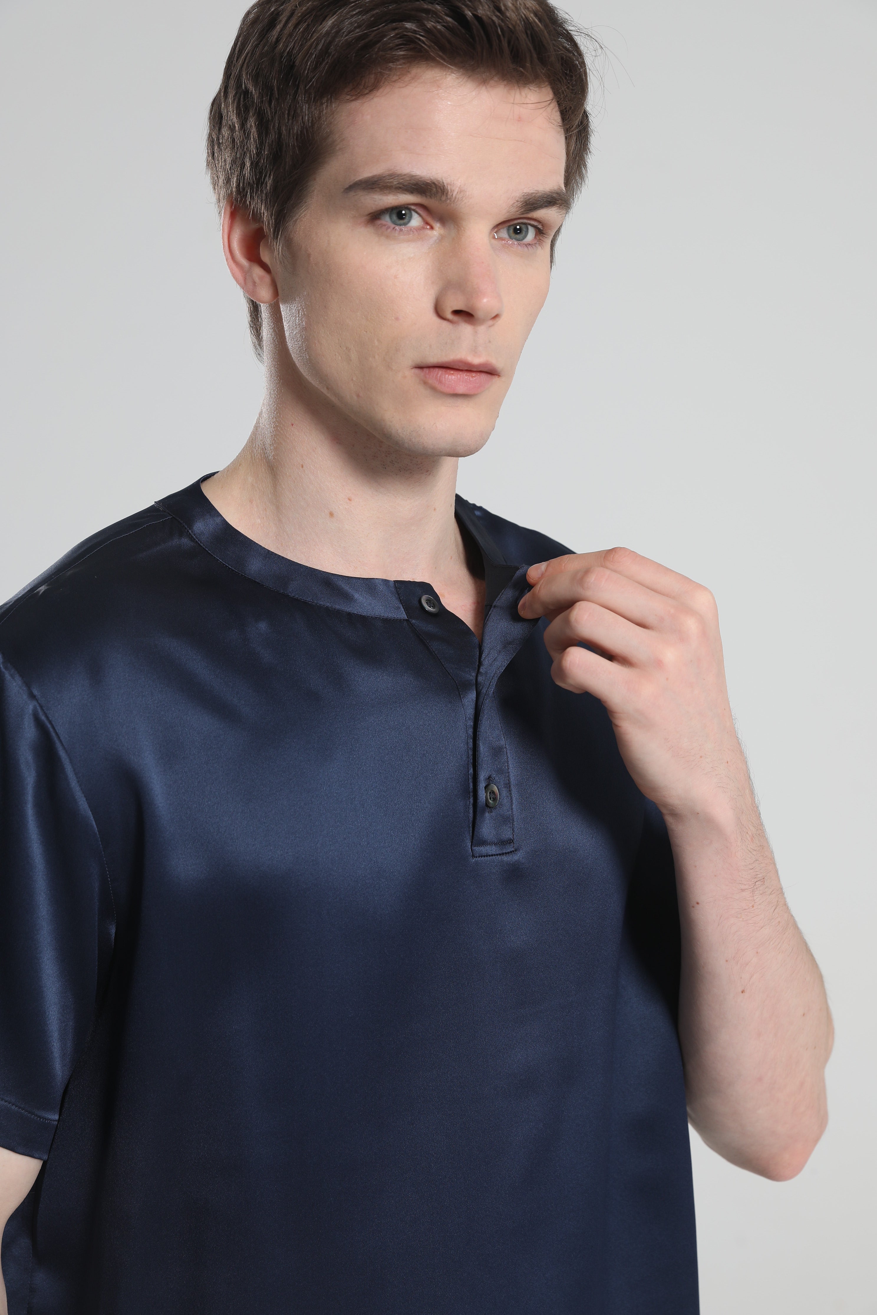Simple Crew Neck Short Pajamas Set for Men Navy