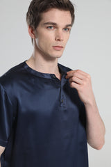 Simple Crew Neck Short Pajamas Set for Men Navy