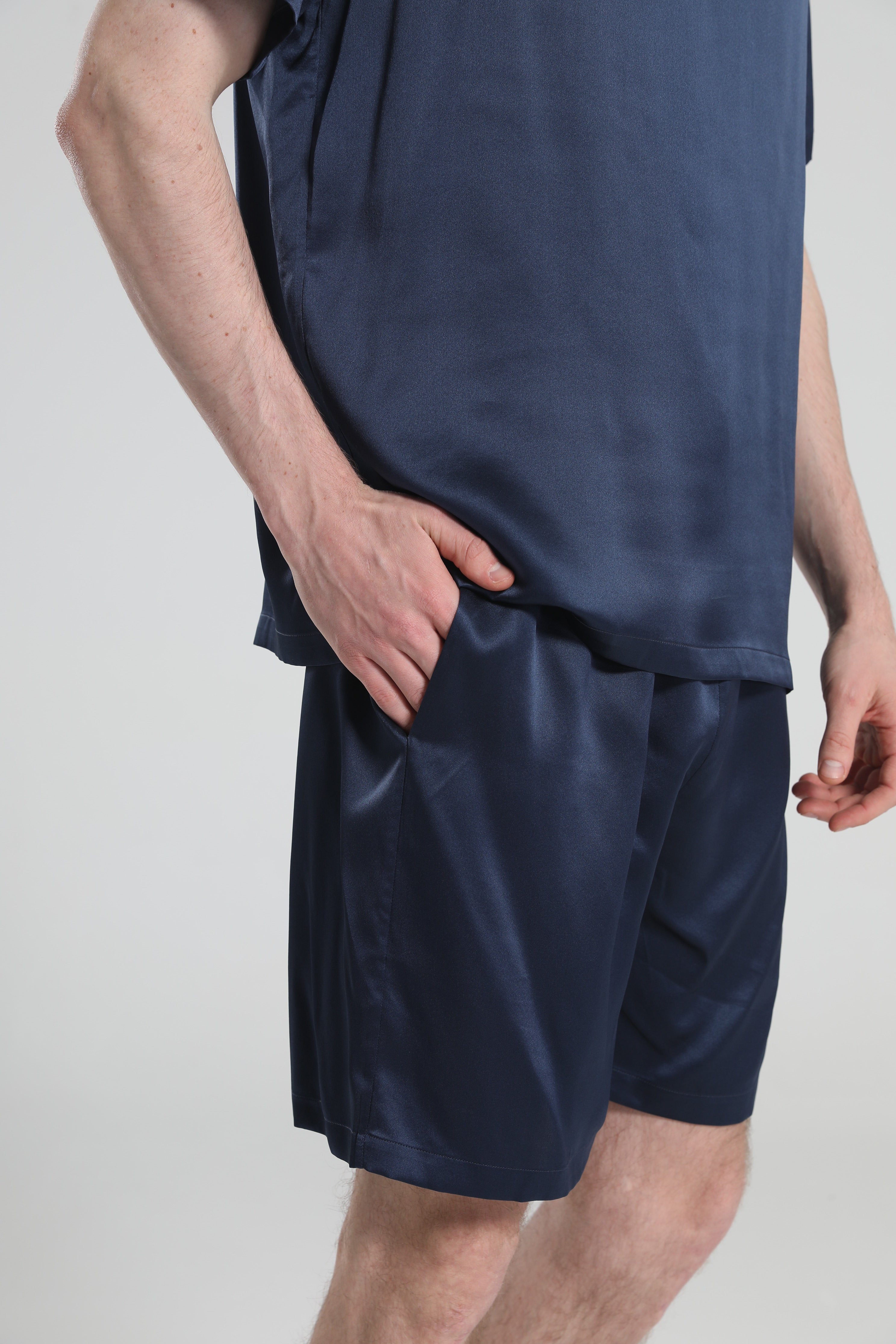 Simple Crew Neck Short Pajamas Set for Men Navy