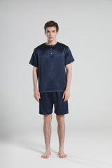 Simple Crew Neck Short Pajamas Set for Men Navy