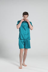 Simple Crew Neck Short Pajamas Set for Men Peacock Blue