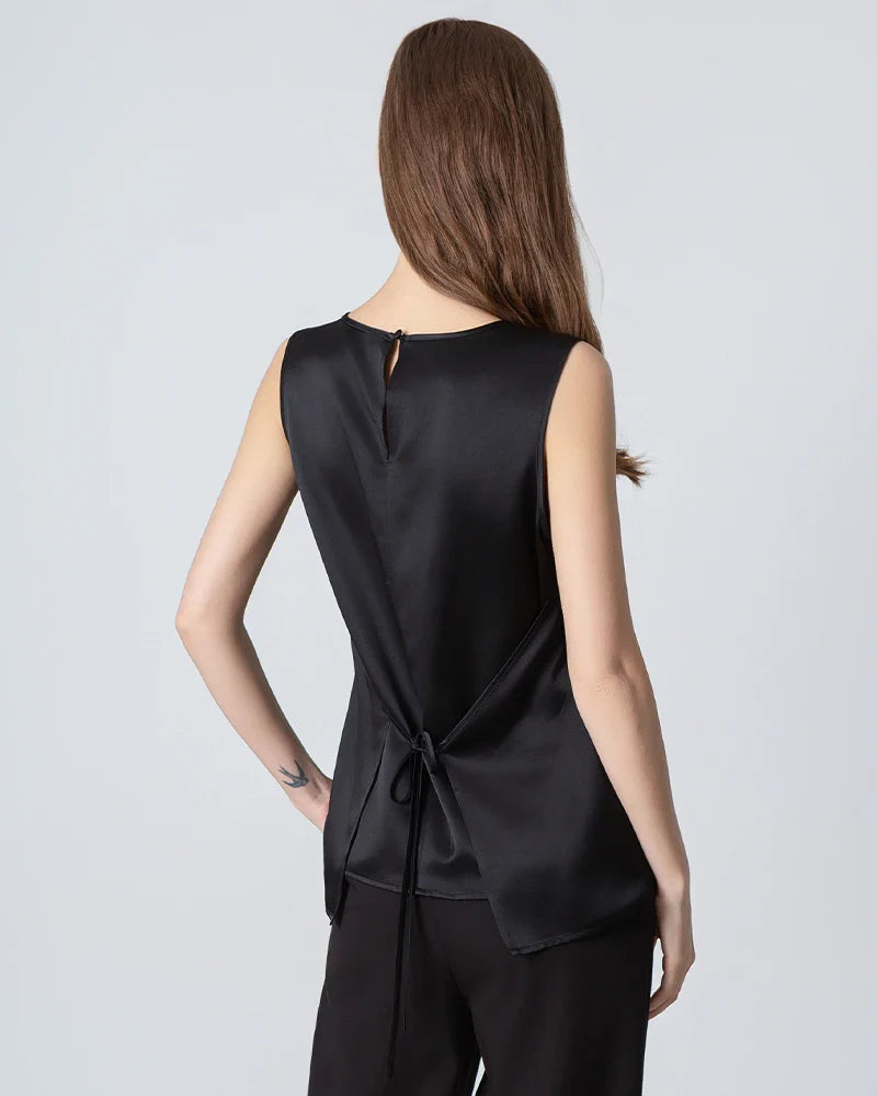 Sleeveless Round Neck Silk Blouse for Women Black
