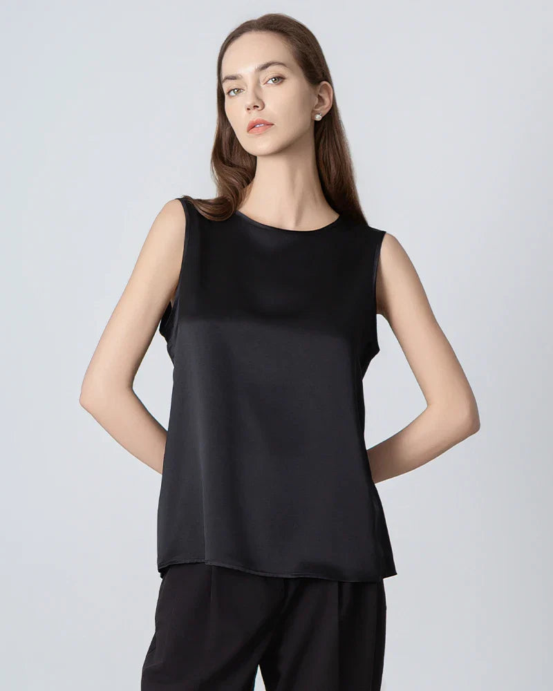 Sleeveless Round Neck Silk Blouse for Women Black