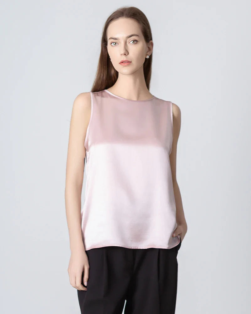Sleeveless Round Neck Silk Blouse for Women Rose Pink