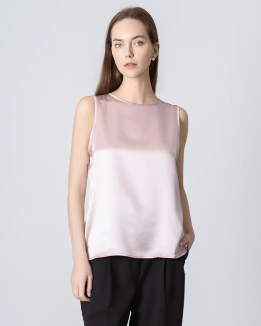 Sleeveless Round Neck Silk Blouse for Women Rose Pink