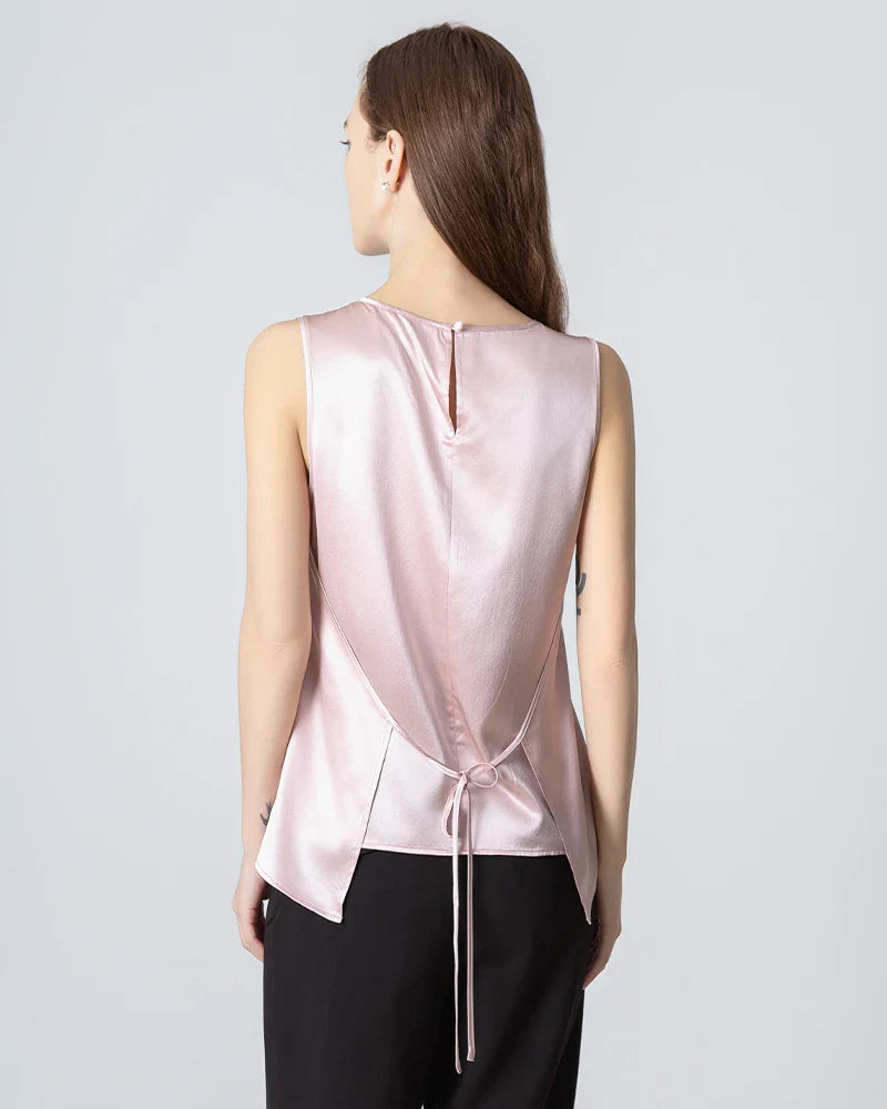 Sleeveless Round Neck Silk Blouse for Women Rose Pink