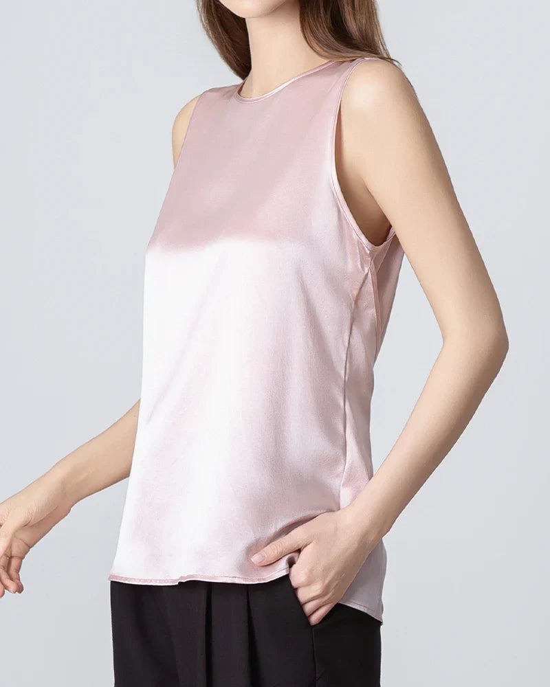 Sleeveless Round Neck Silk Blouse for Women Rose Pink