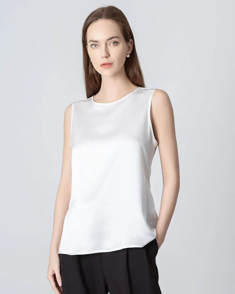 Sleeveless Round Neck Silk Blouse for Women White