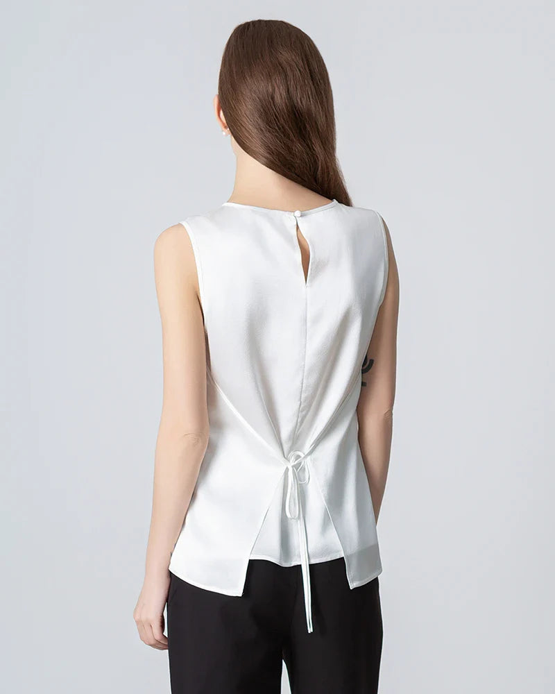 Sleeveless Round Neck Silk Blouse for Women White