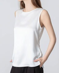 Sleeveless Round Neck Silk Blouse for Women White