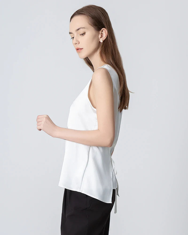 Sleeveless Round Neck Silk Blouse for Women White