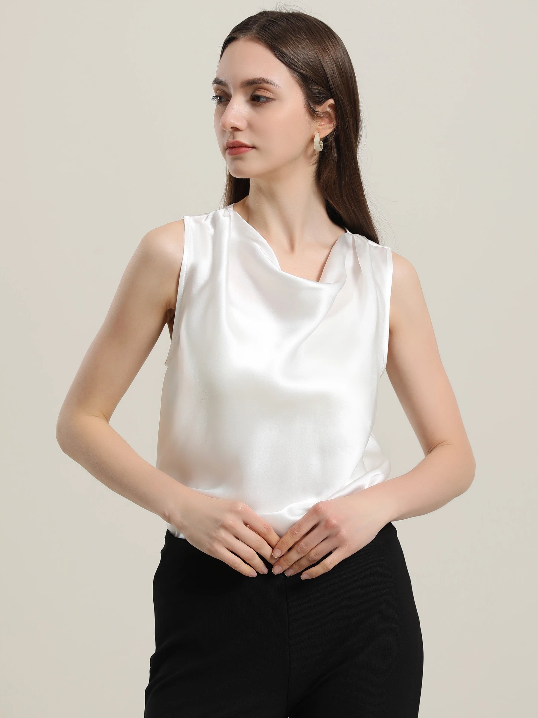 Sleeveless Silk Blouse Cowl Collar Tops for Women Ivory