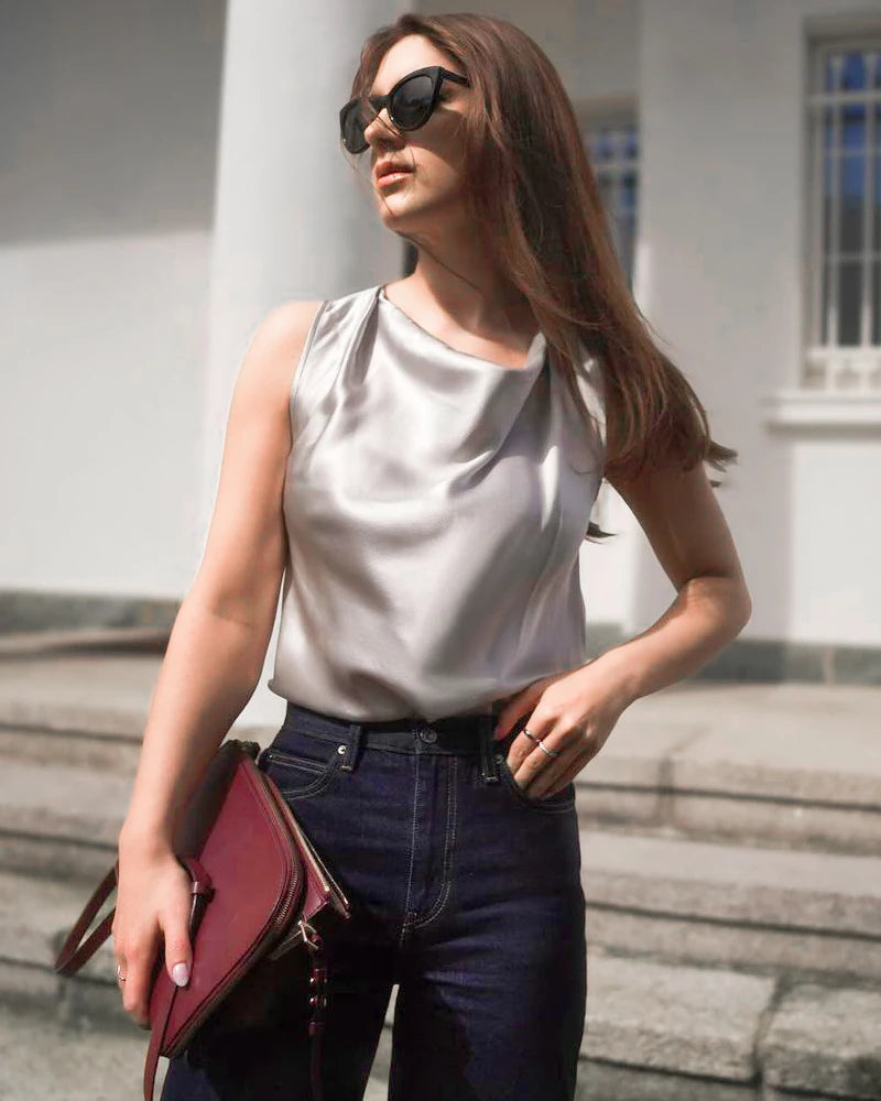 Sleeveless Silk Blouse Cowl Collar Tops for Women Grey