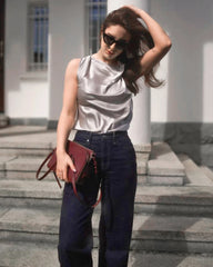 Sleeveless Silk Blouse Cowl Collar Tops for Women Grey