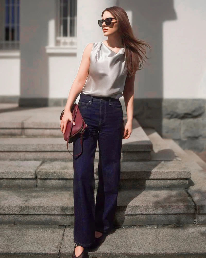 Sleeveless Silk Blouse Cowl Collar Tops for Women Grey