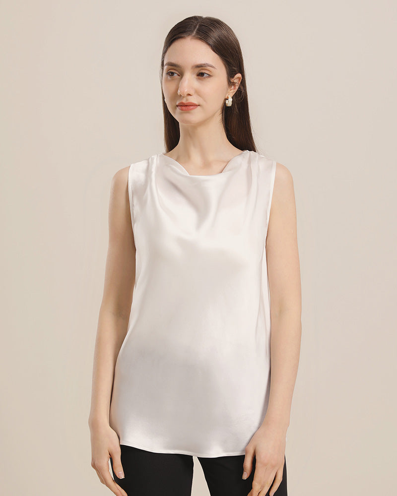 Sleeveless Silk Blouse Cowl Collar Tops for Women Ivory