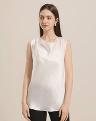Sleeveless Silk Blouse Cowl Collar Tops for Women Ivory