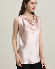 Sleeveless Silk Blouse Cowl Collar Tops for Women Pink