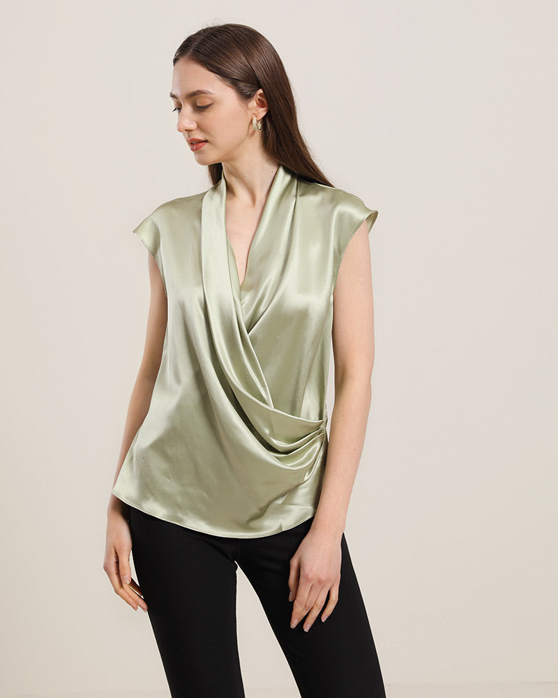 Sleeveless V-Neck Top Silk Blouse Avocado Green