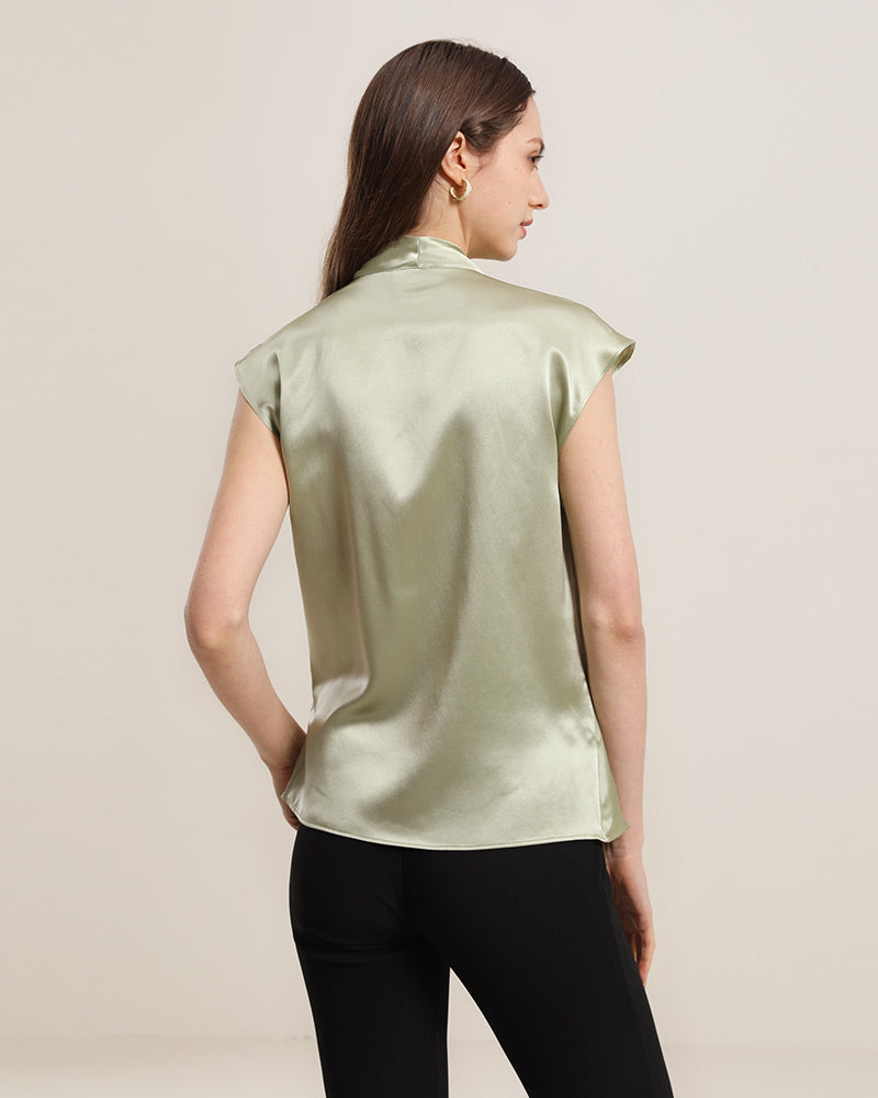 Sleeveless V-Neck Top Silk Blouse Avocado Green
