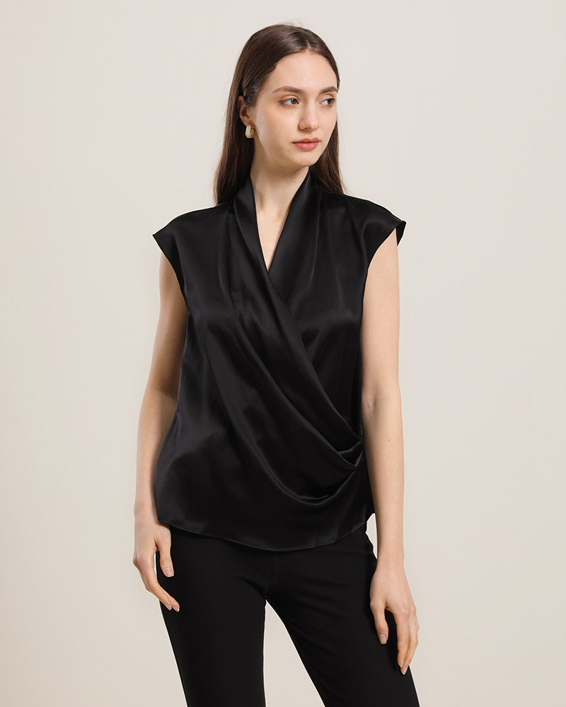 Sleeveless V-Neck Top Silk Blouse Black