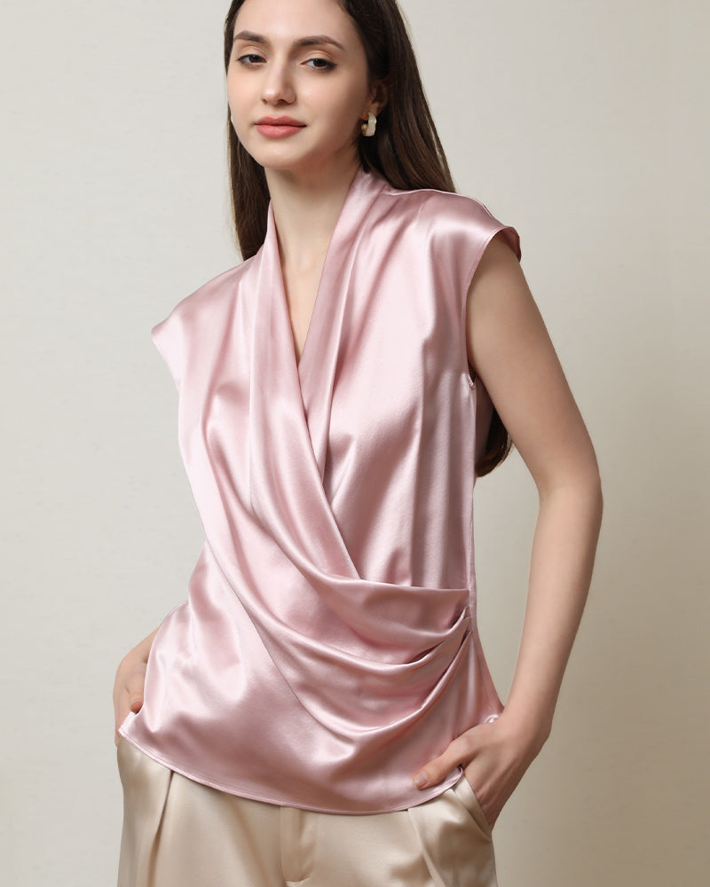 Sleeveless V-Neck Top Silk Blouse Pink