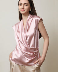 Sleeveless V-Neck Top Silk Blouse Pink