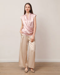Sleeveless V-Neck Top Silk Blouse Pink