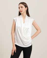Sleeveless V-Neck Top Silk Blouse White