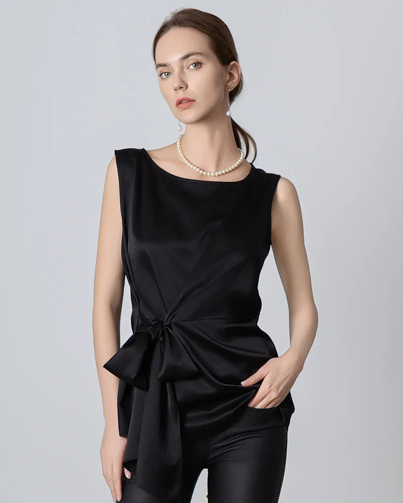 Sleeveless Wrap Silk Top Black