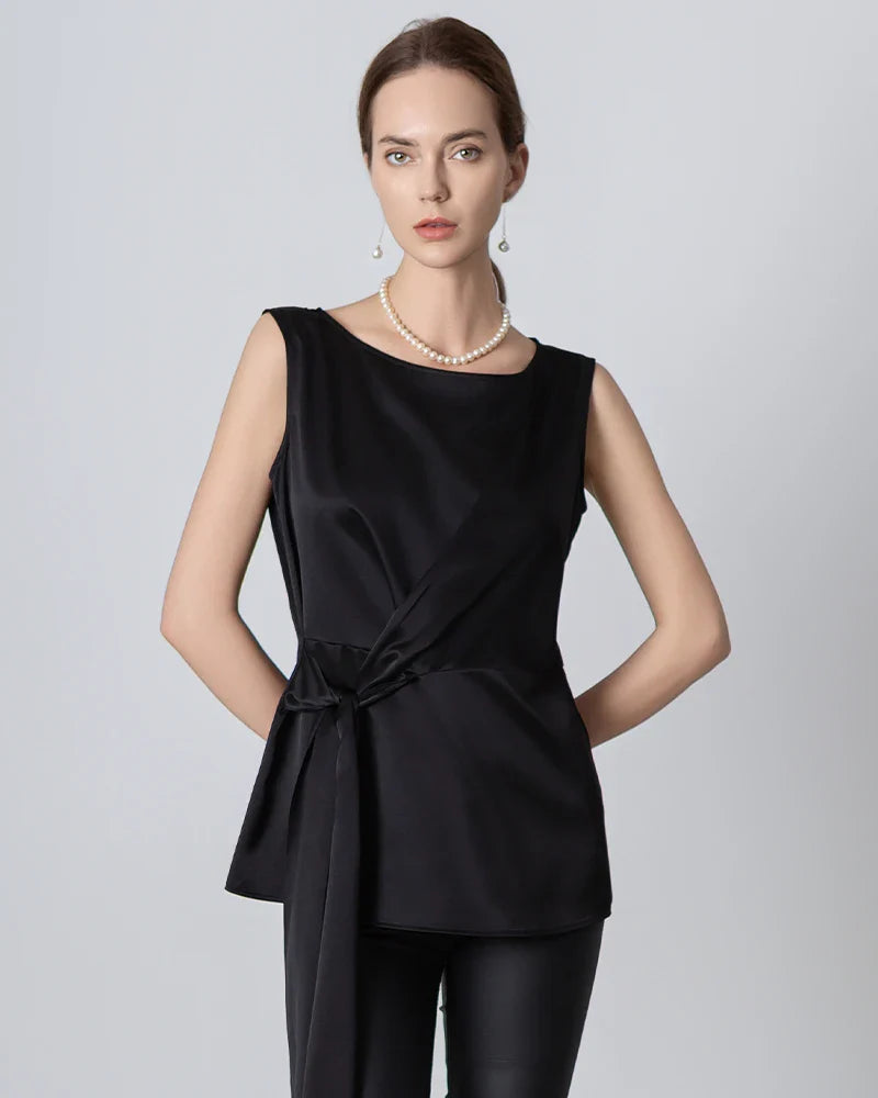 Sleeveless Wrap Silk Top Black