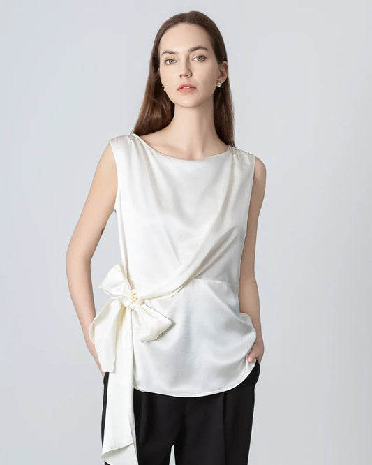 Sleeveless Wrap Silk Top White