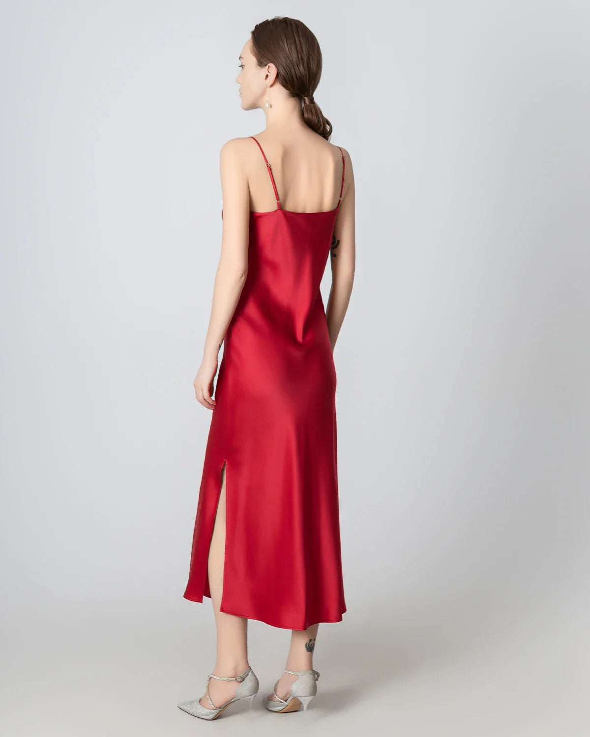 Slit Cowl Neck Midi Cami Silk Dress Burgundy