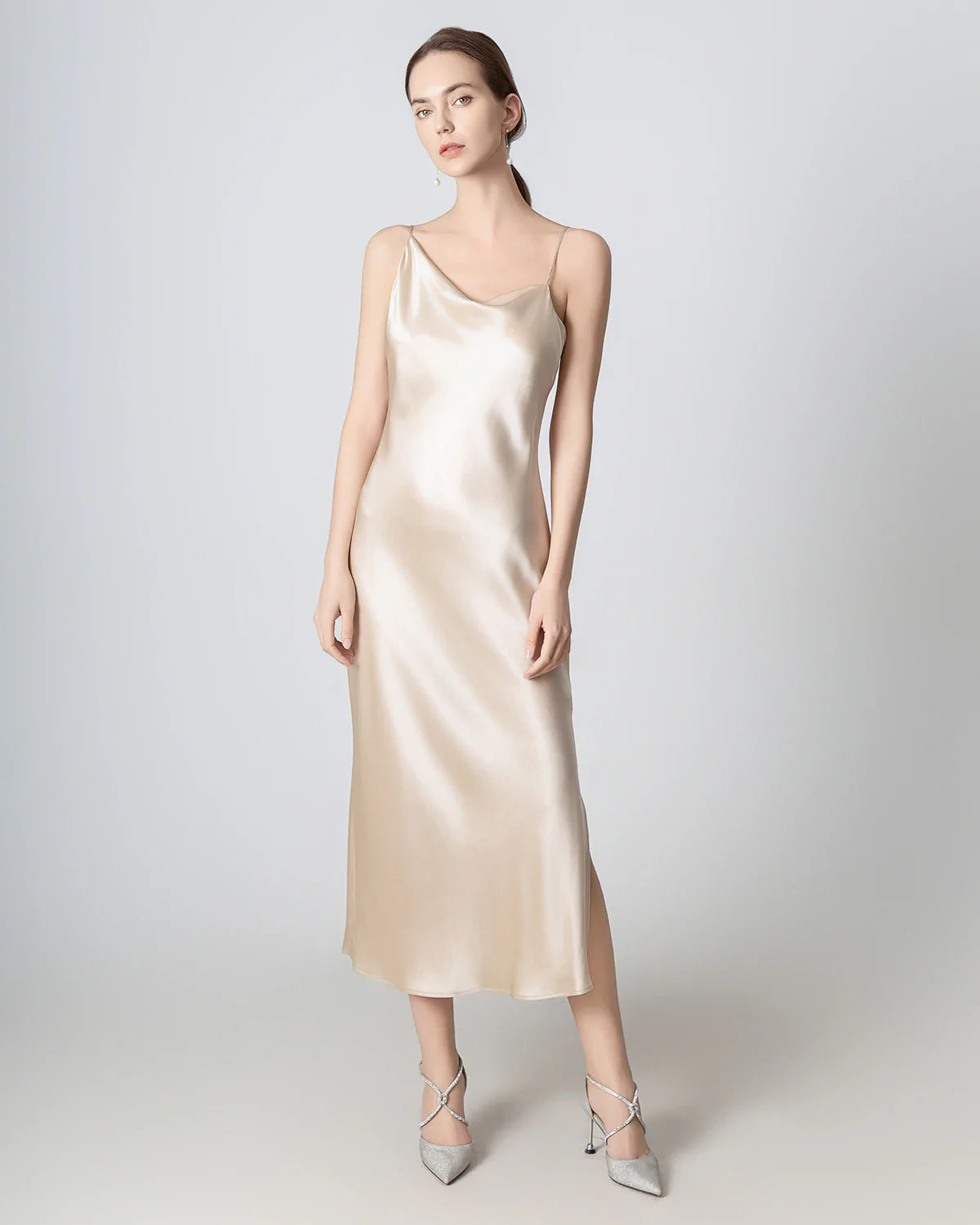 Slit Cowl Neck Midi Cami Silk Dress Champagne