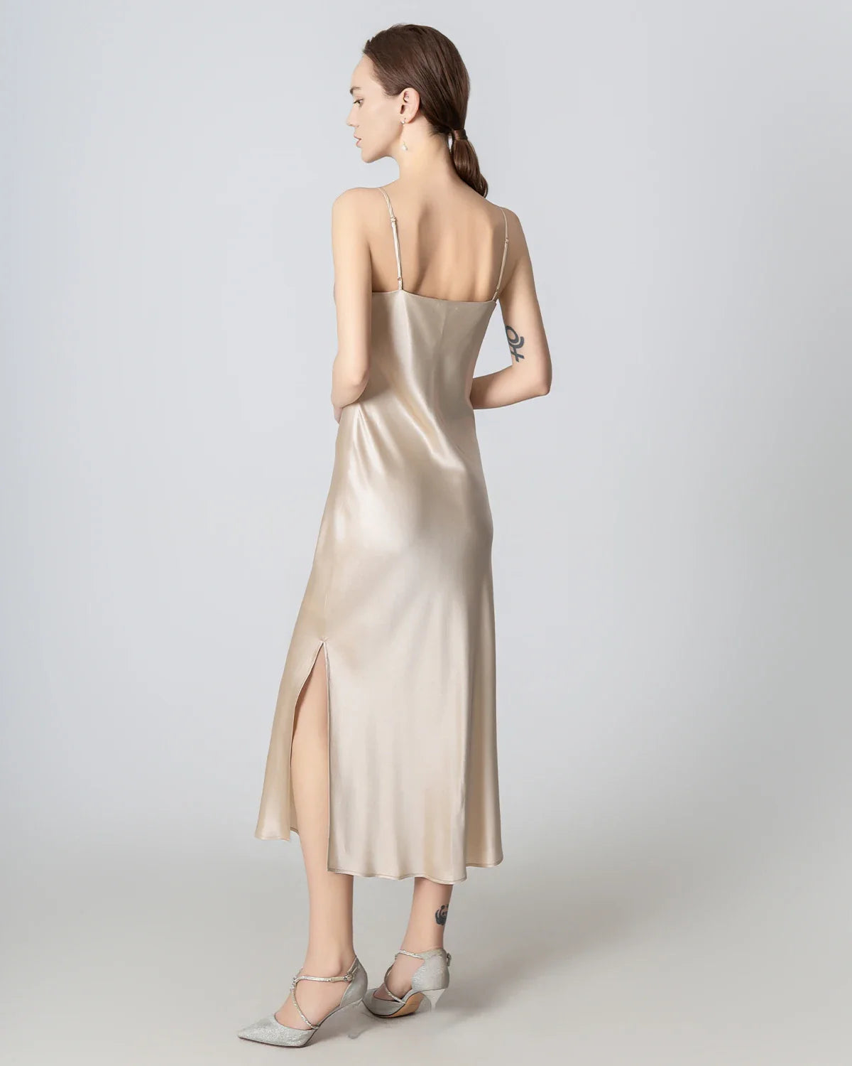 Slit Cowl Neck Midi Cami Silk Dress Champagne